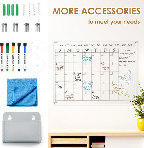 MAKELLO Acrylic Wall Calendar - 24" x 18" Clear Dry Erase Planner for Office, Home & School | Includes 4 Pens & Holder