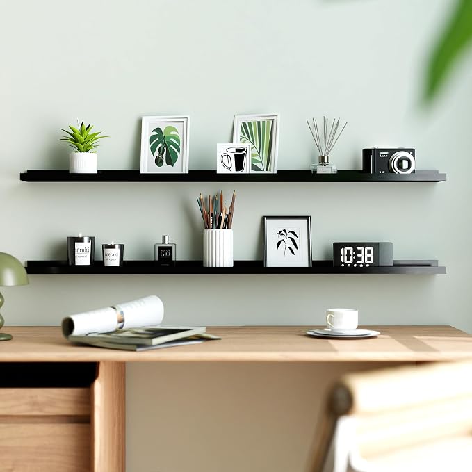 Long Floating Shelves for Wall Decor, Long Wall Mounted Storage Shelf for Bedroom, Living Room, Bathroom, Kitchen, Nursery, Display Picture Ledge Shelf with Lip Set of 2-48 Inches, Black