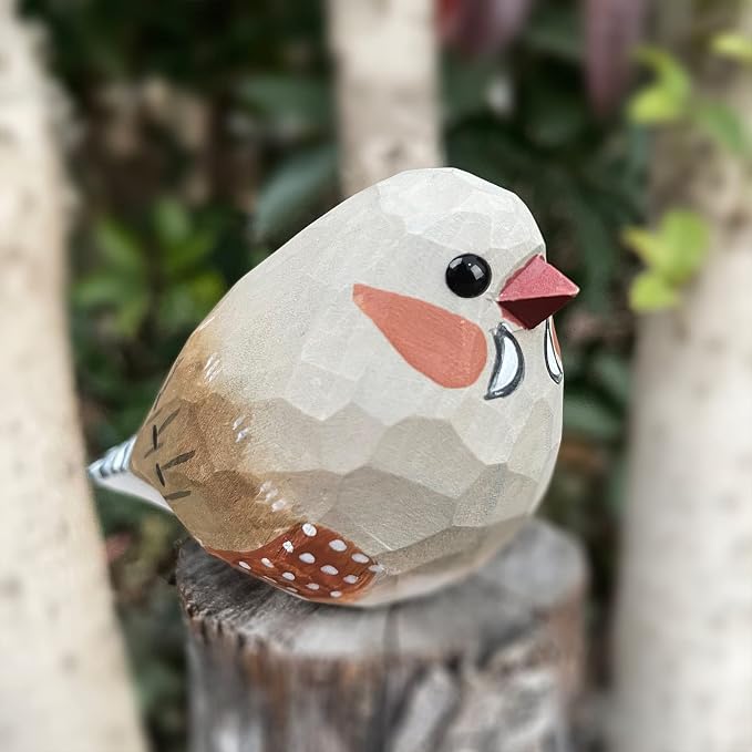 Bird Figurines Hand Carved Painted Wooden Statues for Home Decor, Gift for Bird Lovers,Housewarming, Birthday, Christmas, Anniversaries (NO.07-Grey Zebra Finch)