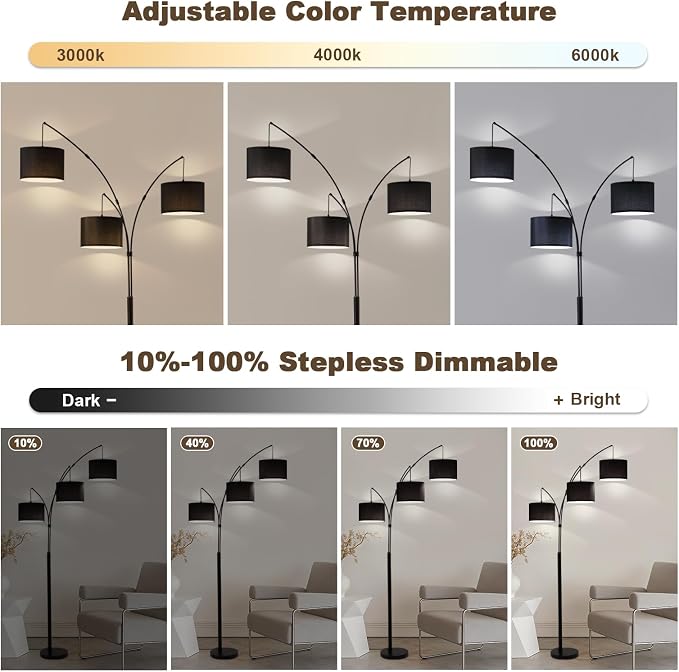 Netin 3 Light Arc Floor Lamps for Living Room, Led Floor Lamp with Remote Control, Modern 80" Tall Standing Lamp, 3 Color Temperature, Mid Century Tree Floor Lamp for Bedroom, Office (Black)