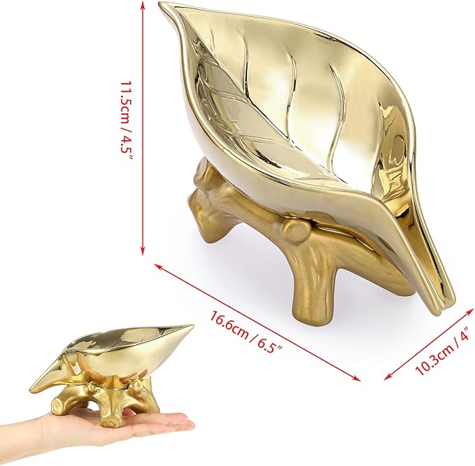JUXYES Ceramic Soap Dish Holder Self Draining, Unique Waterfall Soap Dish Leaf Shape Decorative Soap Dish Tray Tabletop Drainable Soap Saver Bathtub Waterfall Soap Dish Holder for Bathroom Shower