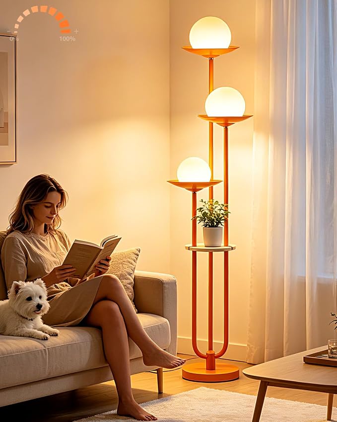 63IN Globe Floor Lamp with Shelf 3-Lights Modern Dimmable Orange Floor Lamps with 3000K Soft Warm White Bulbs for Wedding/Party, Tall Standing Lamp with 5Lbs Heavy Base for Living Room/Bedroom