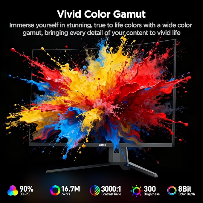 KOORUI 32 inch Curved Gaming Monitor, QHD (2560 x 1440) 2K 170Hz 144Hz Monitor, 1ms 1500R Display, 90% DCI-P3, Adaptive Sync, Tilt Adjustable, VESA Compatible, DisplayPort HDMI, Black