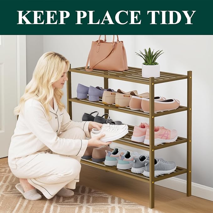 Smiry Bamboo Shoe Rack 4-Tier, Stackable Wooden Shoe Organizer for Entryway & Closet, Free Standing Wood Shoe Storage Shelf for Front Door & Small Spaces, Walnut