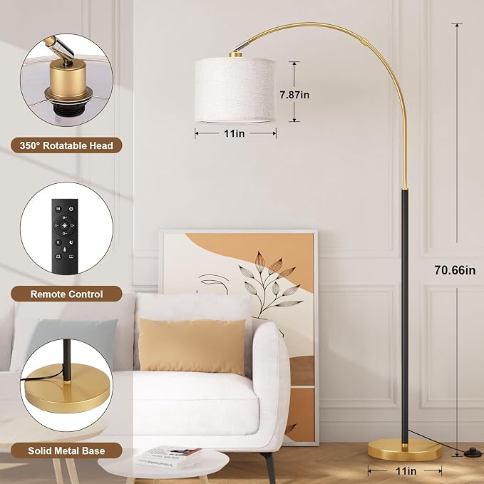 Ambimall Dimmable Arc Floor Lamp with Remote, Color Temperatures and Brightness Adjustable, Arched Floor Lamp with Rotating Head, Over Couch Arched Reading Light for Living Room (Black and Gold)