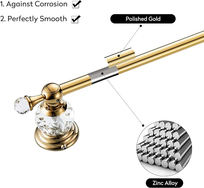 WINCASE Gold Towel Bar, Adjustable Crystal Towel Holder, Golden Finished Bathroom Single Towel Racks Rail Wall Mounted