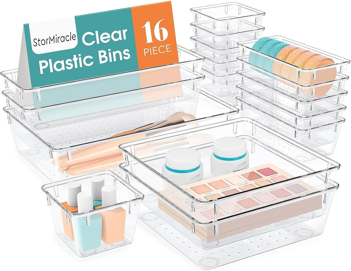 StorMiracle 16 PCS Drawer Organizer Set - Versatile Clear Storage Bins for Bathroom & Kitchen | Makeup, Jewelry & Utensils