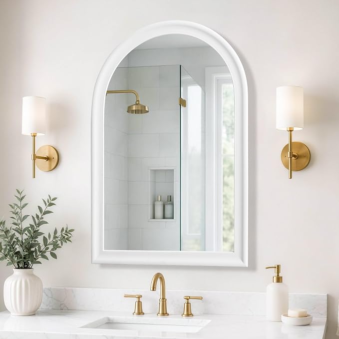 Arched Bathroom Mirror 24x 36 Inch, White Framed Decorative Wall Mount Mirror with Tempered Glass for Entryway, Living Room, Bedroom, Hallway Fireplace Mantel Decor