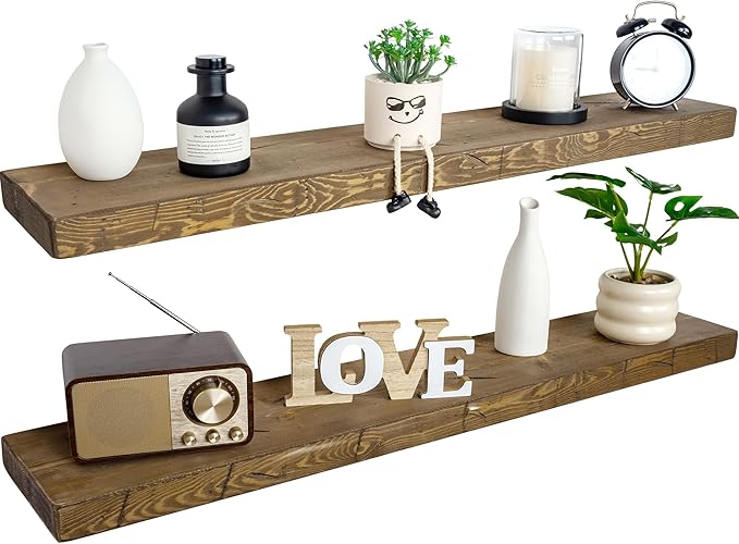 BGMG Floating Shelves 60 inch Long, Distressed,Wide Rustic Wooden Wall Shelves for Living Room Bedroom Kitchen Farmhouse Set of 2-60x6.7x1.75 inch-Distressed Walnut