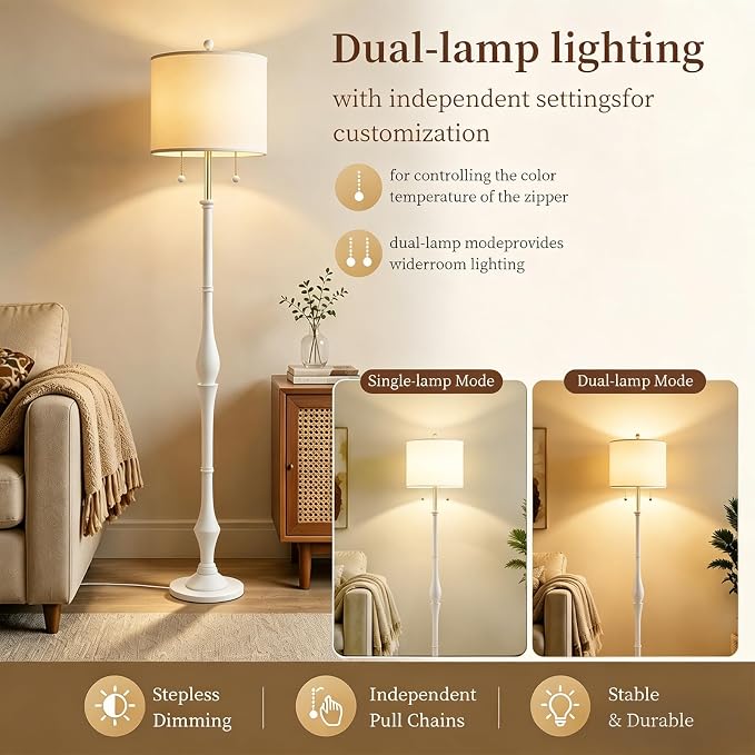 67.5'' Rustic Wooden Floor Lamp with Linen Shade, Farmhouse Floor Lamp for Living Room, Bedroom & Reading Nook, 3-Color Adjustable Tall Lamp with Pull Chain (White)