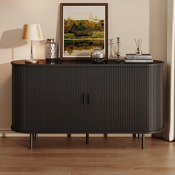 Buffet Sideboard Cabinet with Storage, 55" Fluted Cabinet with Sliding Door & Adjustable Shelf, Modern Accent Coffee Bar Console Table for Kitchen, Entryway, Black