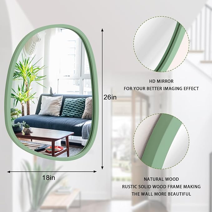 Asymmetrical Mirror for Wall Decor Green Modern Wooden Framed Wall Mirror Unique Shape Wall Mounted Vanity Artistic Mirror Decorative for Living Room Bedroom Bathroom Entryway Large 26"x18"