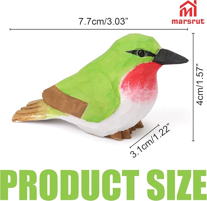 Wooden Hummingbird Figurine, Hand-Carved Ruby-Throated Green Miniature Bird Sculpture, Wooden Mini Handmade Ornament, Small Wildlife Nature-Inspired Rustic Art Collectible for Gift, Home, Garden Decor