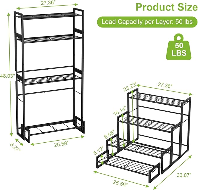VyGrow Plant Stand, 4 Tier Stackable Tiered Plant Stand, Scalable Heavy Duty Tall Plant Shelf for Indoor Outdoor, Garden, Display Shelves, Flower Pot Holder, Black