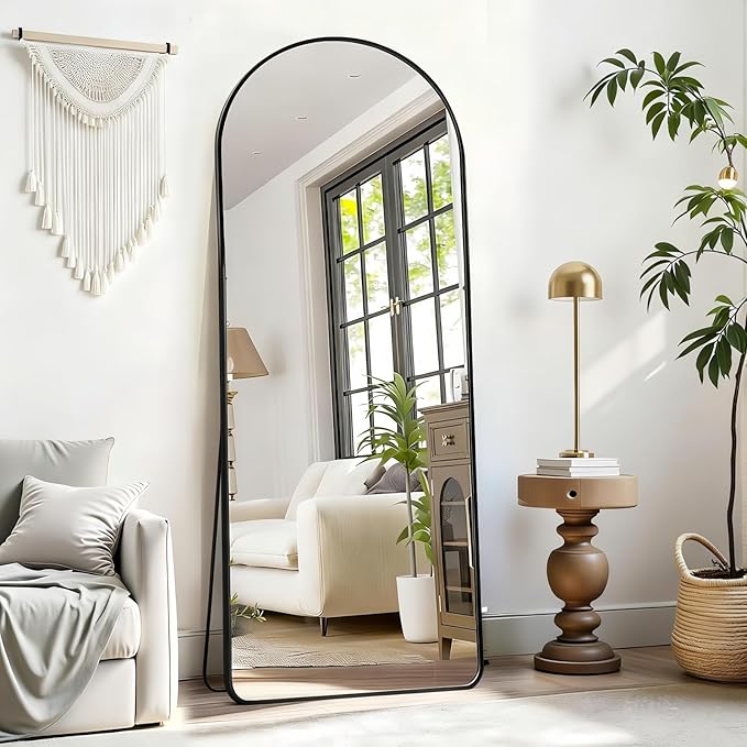 Degfig Arched Full Length Mirror, 64"X21" Floor Length Mirror with Aluminum Alloy Frame, Full Body Mirrors with Stand, Hanging or Leaning Mirrors for Living Room, Bedroom, Black,Round Corner
