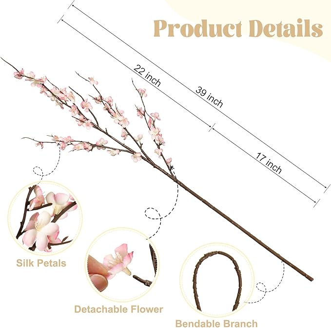 4Pcs Cherry Blossom Branches Artificial Flowers for Spring Summer Indoor Decoration,Faux Long Stem Artificial Flowers for Wedding Home Office Bedroom Party Table Centerpieces Decor (Pink)