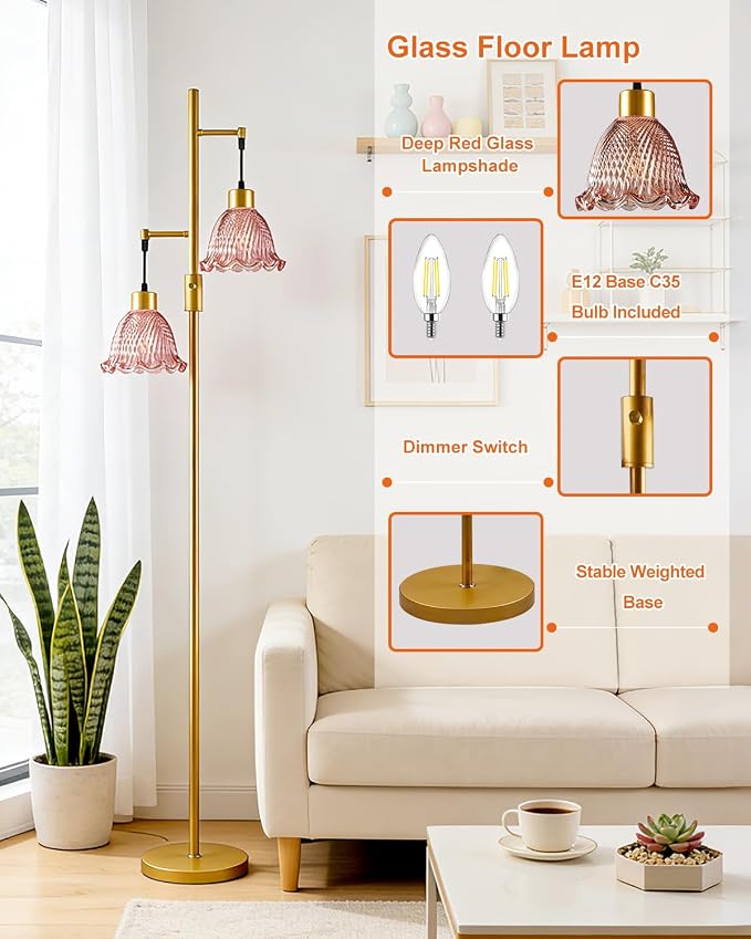 Lightdot 65IN Gold Flower Floor Lamp for Living Room, 2- Light Dimmable Floor Lamps with Deep Red Glass Lampshade,3000K Warm White Modern Standing Tall Lamp with 5Lbs Heavy Base for Bedroom Sofa