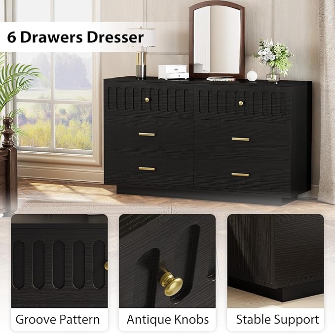 IBF Fluted Dresser with 6 Drawers for Bedroom, Large Wooden Chest of Drawers with Anti-Tipping Design for Men,Women, 54" Wide Modern Cloth Storage Dressers for Nursery,Closet,Living Room, Black Oak