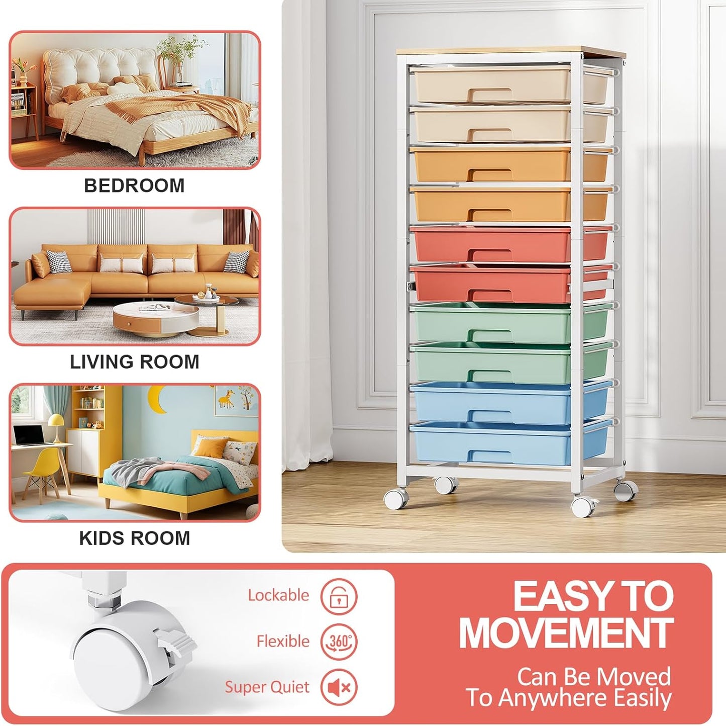 SYKIARIOL Rolling Cart - 10 Drawer Utility Storage Cart with Wheels & Wooden Tabletop | Rainbow Color