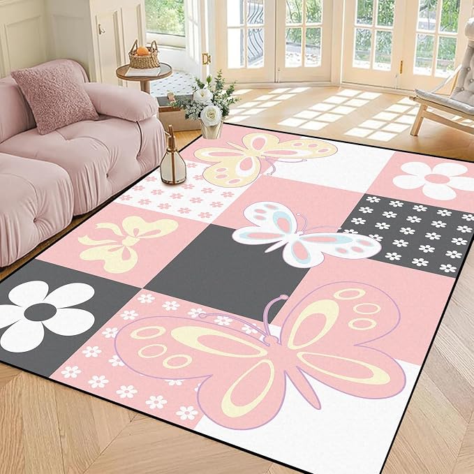 6'x9' Butterfly Area Rug Pink Butterfly Checkered Rugs for Bedroom Living Room Nursery Kitchen Playroom Home Decor Cute Flower Carpet Washable Non Slip Floor Mat