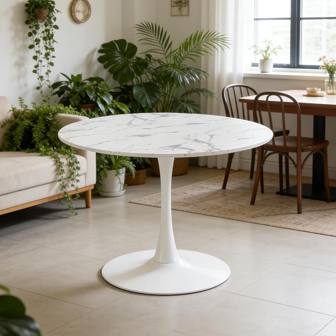 42" Tulip Table for 4-6 Persons Modern Round Dining Table, Mid-Century Modern White Marble Small Kitchen Table with MDF Wooden Top, Leisure Coffee Table for Living Room, Dining Room, Office