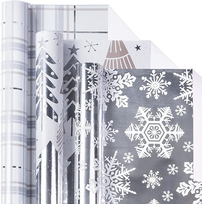 LeZakaa Christmas Wrapping Paper Mini Roll, Silver Metallic Foil Paper - Tree/Snowflake/Plaid Design for Gift Wrap, Arts Crafts - 17 x 120 inches - 3 Rolls (42.5 sq.ft.ttl.)