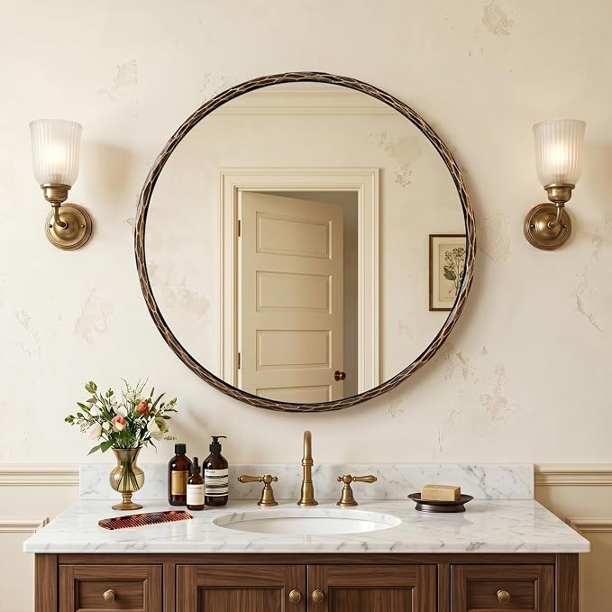 ANDY STAR Hand-Forged Bronze Round Bathroom Mirror, 32 Inch Antique Oil Rubbed Bronze Circular Mirror, Solid Steel Hammered Frame, for Wall Decor, Vanity, Entry, Fireplace, Mantle