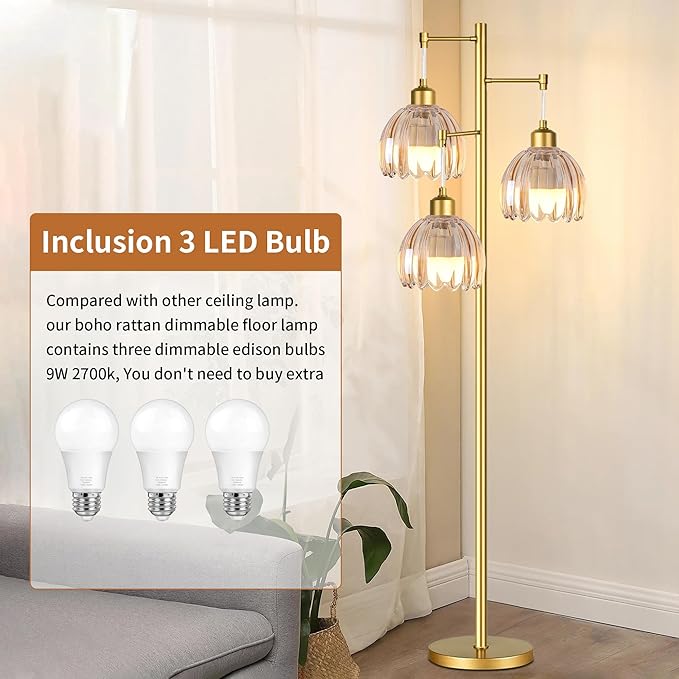 QIYIZM Gold Floor Lamp for Living Room,Bedroom,Tree 3 Light Standing Lamp Mid Century Modern Brass Tall Floor Lamps Vintage Retro Floor Lights Glass Flower Amber Lamp Shade Farmhouse Boho Bohemian