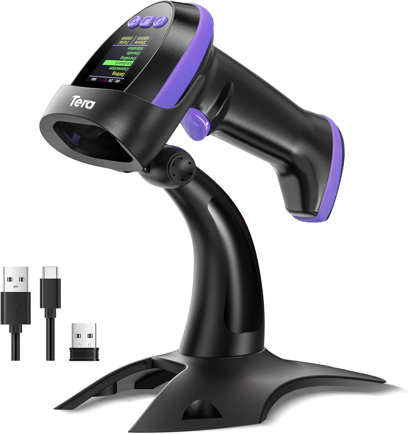 Tera Wireless 2D Barcode Scanner - Pro Version with Digital Screen & Keypad | Fast Scanning, Purple