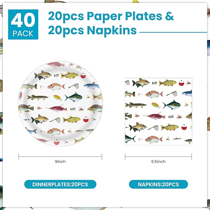 40 Pcs Fishing Plates and Napkins Party Supplies, Fishing Birthday Paper Plates and Napkins Disposable Tableware Set for Ofishally One Birthday Decorations Serves 20