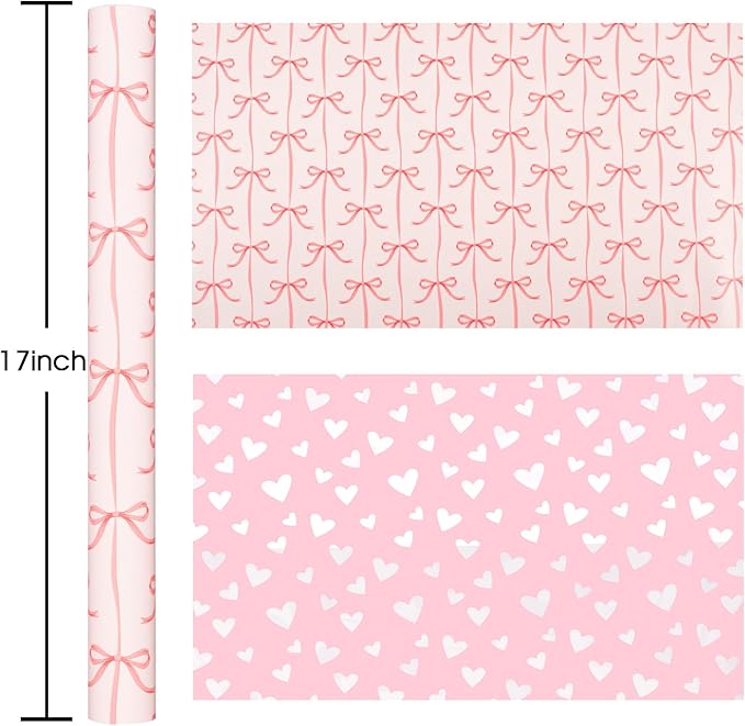 Burymento Pink Bow Wrapping Paper, Reversible Pink Love Design Gift Wrap for Baby Shower, Birthday, Valentines, Mothers day, Graduation, Wedding, Fathers day, Christmas (17 Inch X 32.8 Feet)