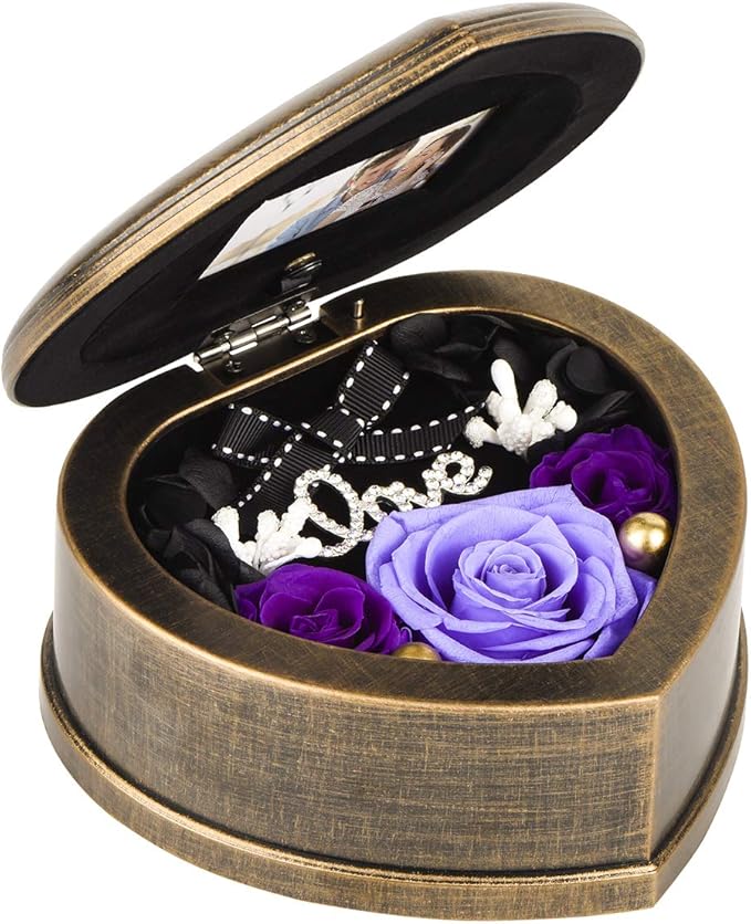Handmade Preserved Flower Real Purple Rose in Musical Box with Photo Frame, Mother's Day Long Lasting Real Flower Gifts for Her Women Wife on Valentine's Day Birthday or Anniversary -Purple