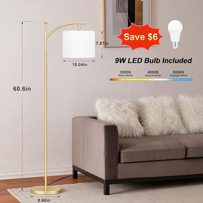 Ambimall 60" Floor Lamp for Living Room with 3 Color Temperatures, Adjustable White Shade with Gold Pole, Tall Lamp for Bedroom Office Classroom Dorm Room, 9W LED Bulb Included