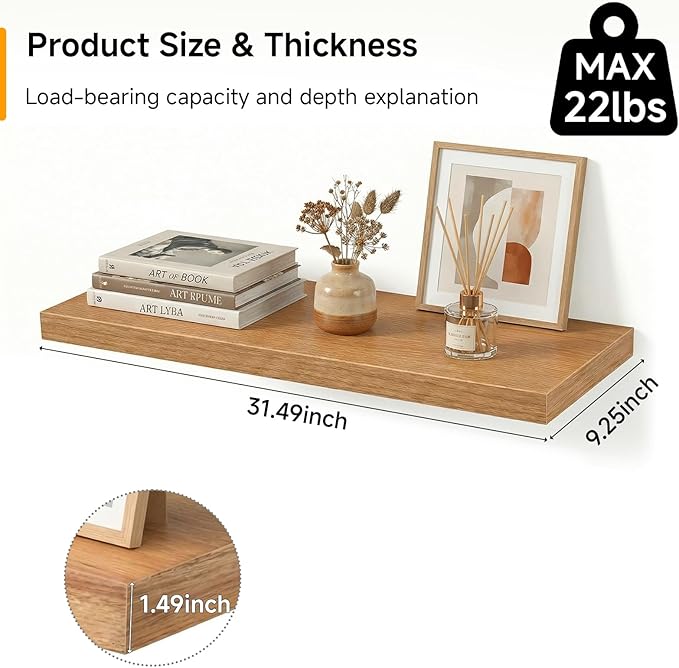 31.5in Floating Shelves for Wall, Wall Mounted Shelves for Decor Storage Set of 2, Floating Shelf for Bedroom, Bathroom, Living Room and Kitchen（Beech）