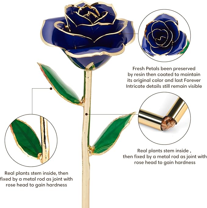 Gold Dipped Infinity Rose Last Forever Flower Decor, Birthday Gift for Women in Her Birthday Mothers Day, Resin Preserved Rose | Anniversary Present for Mom (Blue)