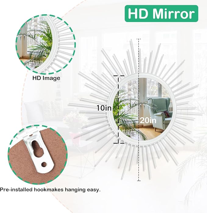 Sunburst Spoked White Large Wall Mirror Boho Home Circle Art Mirror Modern Metal Mirror for Wall Decorative Bathroom Bedroom Vanity Hallway Balcony Living room Entryway 20"