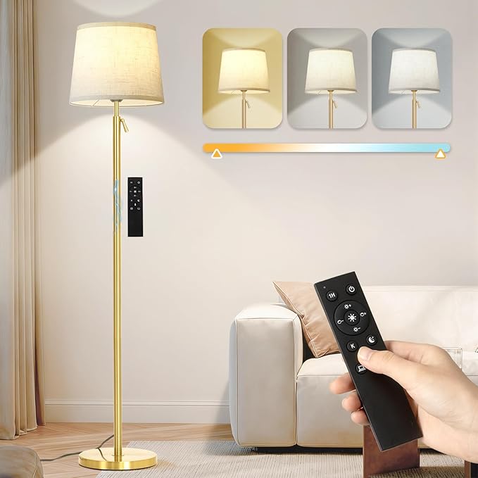 Modern Floor Lamp for Living Room and Bedroom- 55"-67" Height Adjustable Standing Lamps with Dimmable LED Bulb and Remote Control-Bright Tall Stand Light with Shade for Corner Lighting （Gold）