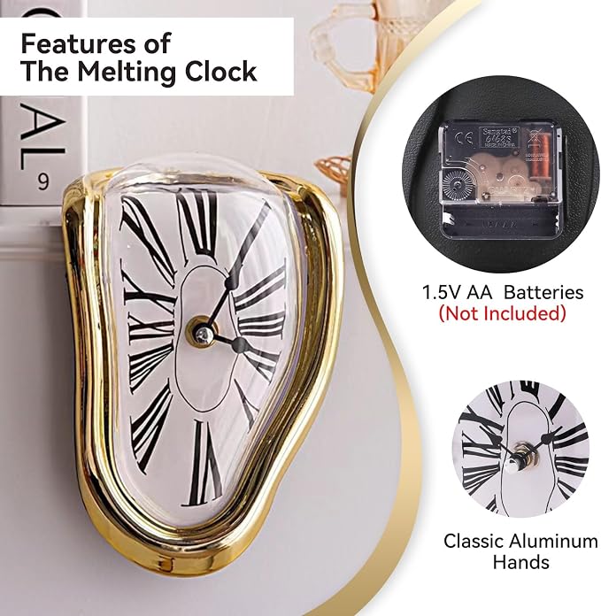 Melting Shelf Clock Art Decor - Salvador Dali Surreal Dripping, 8x4 in Bright Gold Polished Shelf & Desk Gift