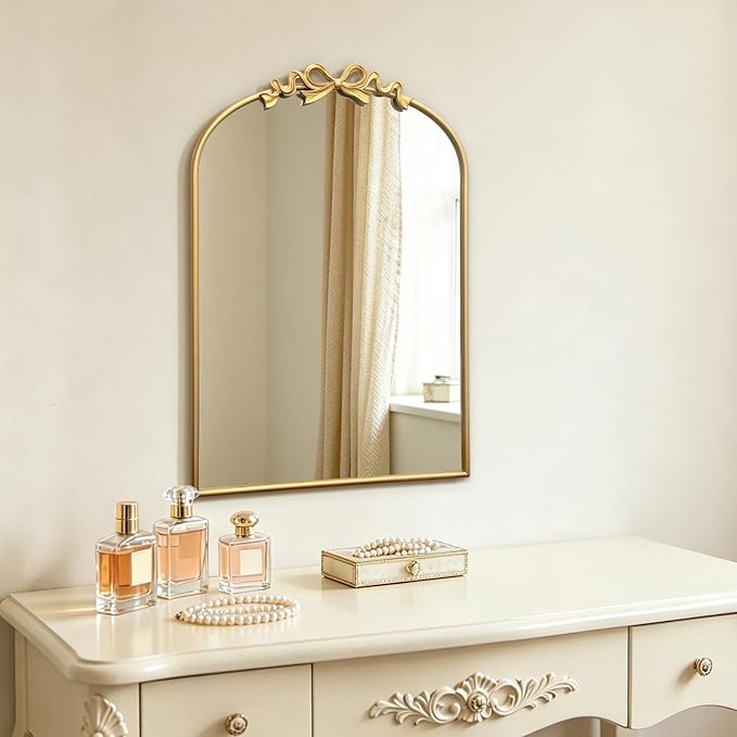 Besdomus Bow Arched Gold Mirror: 22"x30" Gold Antique Vanity Wall Mounted Mirror - Vintage Baroque Traditional Ornate for Bedroom/Bathroom/Makeup Vanity - Wall Decor for Teen Girl