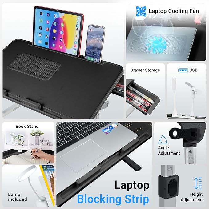 iXTRA Laptop Lap Desk with Cooling Fan - Adjustable with Light, USB, Storage Drawer - Folding Bed Desk,23.62"*15.74",Black