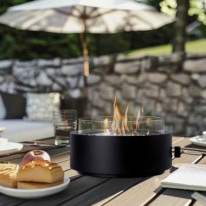 14-Inch Round Propane Fire Pit, 10000 BTU Portable Tabletop Fireplace with Glass Stones, Umbrella Hole Compatible for Outdoor Patio Tables & Camping, Black
