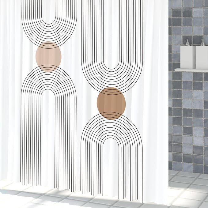 Mid Century Shower Curtain for Bathroom, Boho Sun Rainbow Modern Minimalist Geometric Shower Curtain, Abstract Arch Lines Modern Aesthetic Bathroom Decor Curtain Sets 72x84 inch