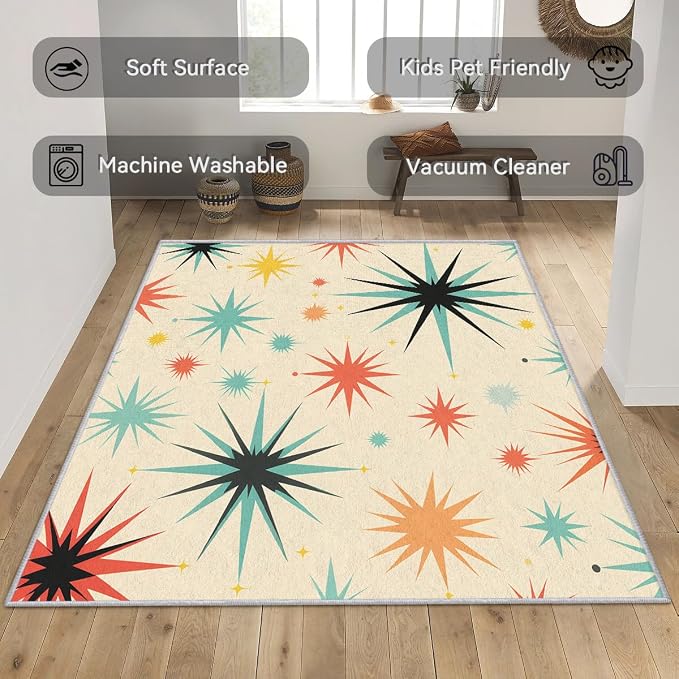 Retro Atomic Rug 6x9, Washable Mid Century Modern Rugs for Living Room Bedroom, Contemporary Geometric Area Rug for Home Decor, Non Slip Backing Floor Carpet with Gripper - 6 x 9 ft