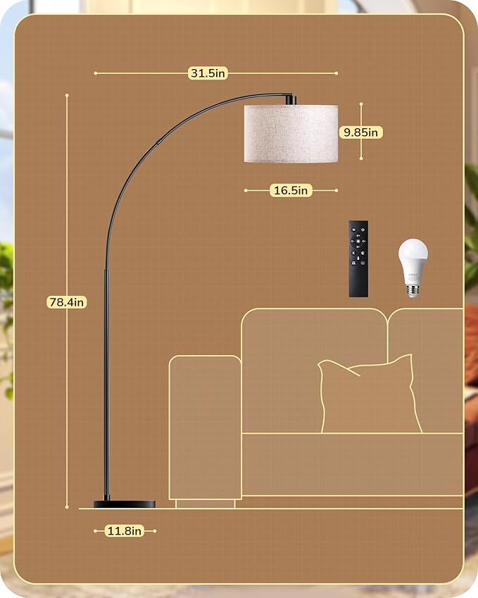 EDISHINE 78.3″ Modern Arc Floor Lamp with Remote, Tall Black Standing Lamp with Stepless Dimmable Bulb & 5 Color Temperature, Curved Mid Century Floor Lamps for Living Room, Bedroom, Nursey