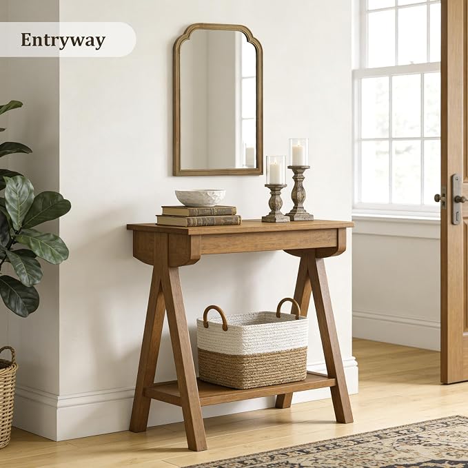 WallBeyond Wood Frame Wall Mirror Rounded Corner Arch Rectangle Mirror for Entryway, Living Room or Bedroom Home Decor - Light Woodgrain [20" x 30" Natural ]
