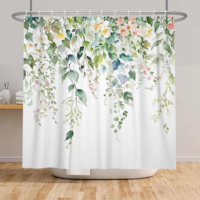 Sage Green Eucalyptus Shower Curtain Watercolor Botanical Floral Leaves Shower Curtain Set Spring Nature Bathroom Decor with 10 Hooks,60x72 Inches
