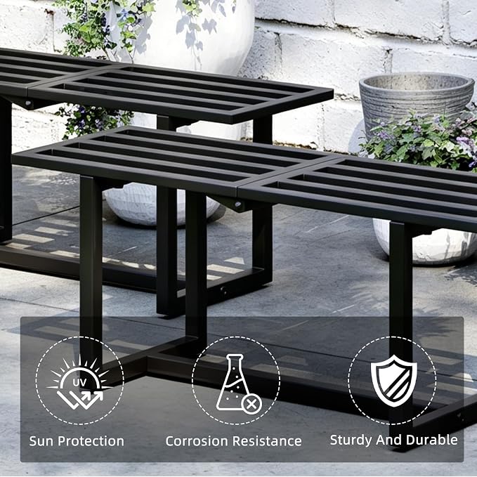 Plant Stand Indoor Outdoor, Foldable Metal Plant Shelf for Multiple Pots, Mid Century Slatted Bench for Patio Garden, Heavy Duty Capacity 330 lbs 2 Pack Black