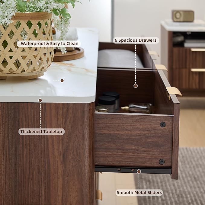 Fluted 6 Drawers Dresser for Bedroom - 54" Large Storage Dresser, Farmhouse Dressers with Faux Marble Top, Modern TV Stand & Chests of Drawers for Living Room Entryway,Walnut