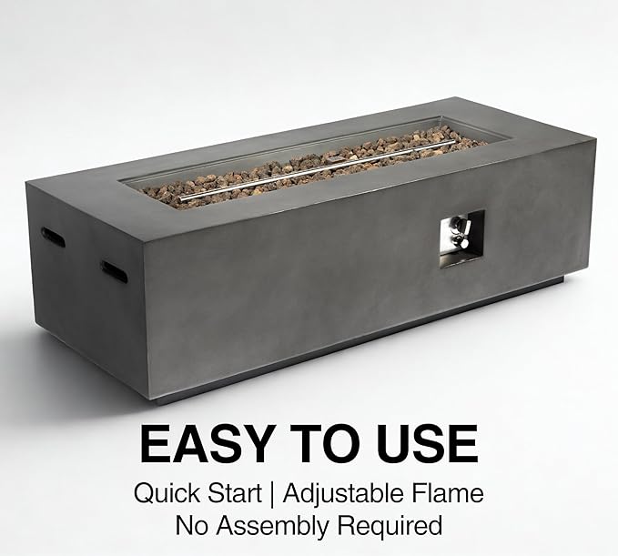 HillAethel 60-Inch Rectangular Propane Fire Pit Table, 60,000 BTU Concrete Outdoor Gas Fire Pit Table with Waterproof Cover, Tank Seat, Free Lava Rocks, for Outside Patio Backyard, Dark Grey