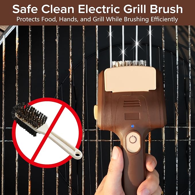 Lrly BBQ Grill Brush for Outdoor Grill, Cordless Electric Grill Cleaner, Rechargeable Grill Cleaning Stainless Steel Brush, Grill Scraper, BBQ Accessories Brown